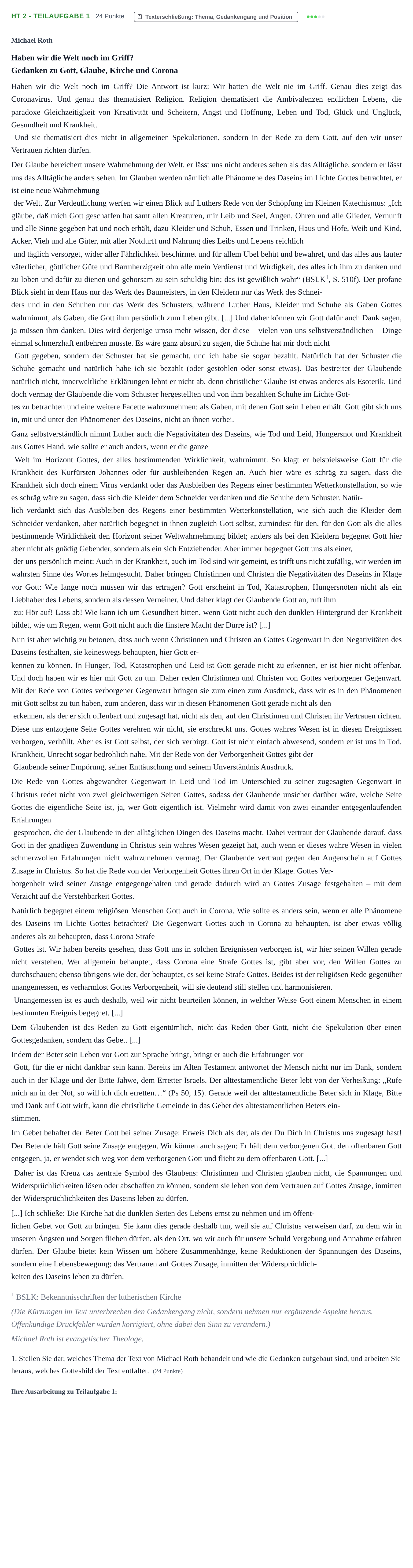 Aufgabenstellung: Aufgabe HT 2 - Teilaufgabe 1 · Abitur NRW Evangelische Religion LK · Haupttermin 2022