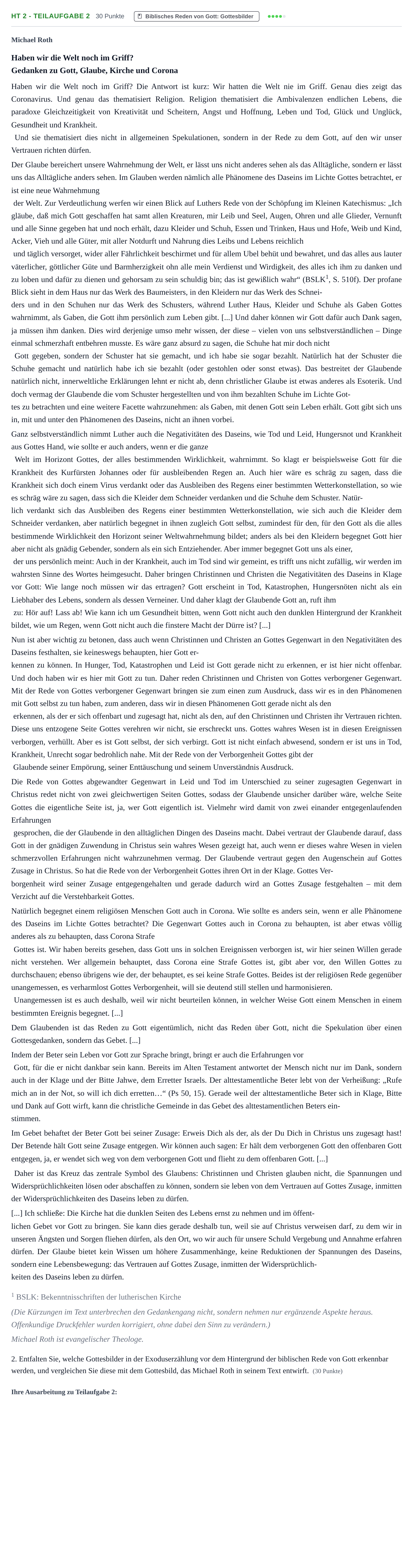 Aufgabenstellung: Aufgabe HT 2 - Teilaufgabe 2 · Abitur NRW Evangelische Religion LK · Haupttermin 2022