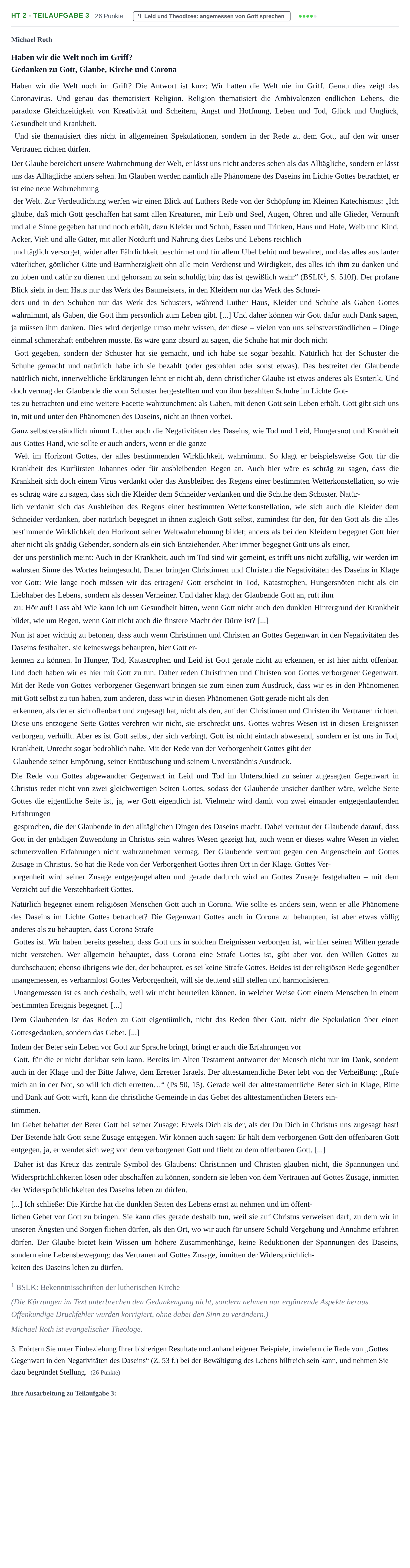 Aufgabenstellung: Aufgabe HT 2 - Teilaufgabe 3 · Abitur NRW Evangelische Religion LK · Haupttermin 2022
