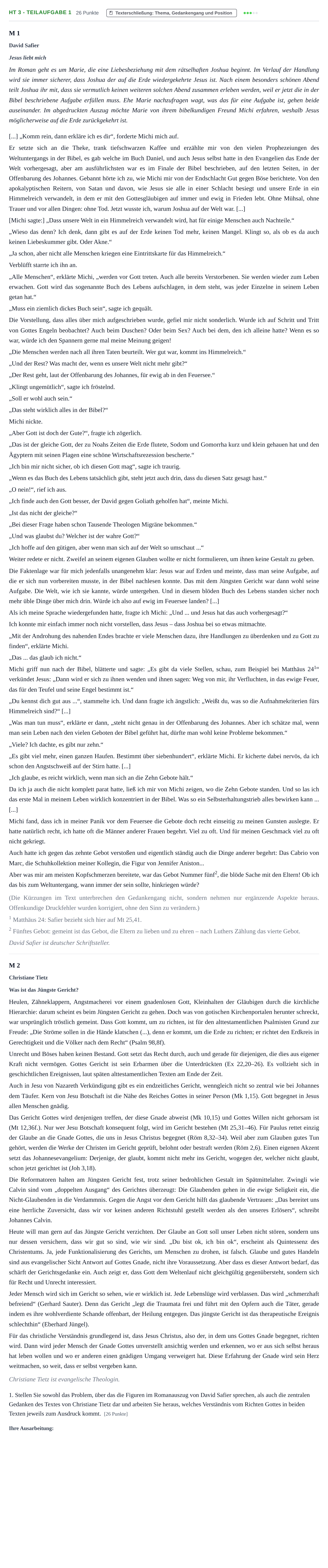 Aufgabenstellung: Aufgabe HT 3 - Teilaufgabe 1 · Abitur NRW Evangelische Religion LK · Haupttermin 2022