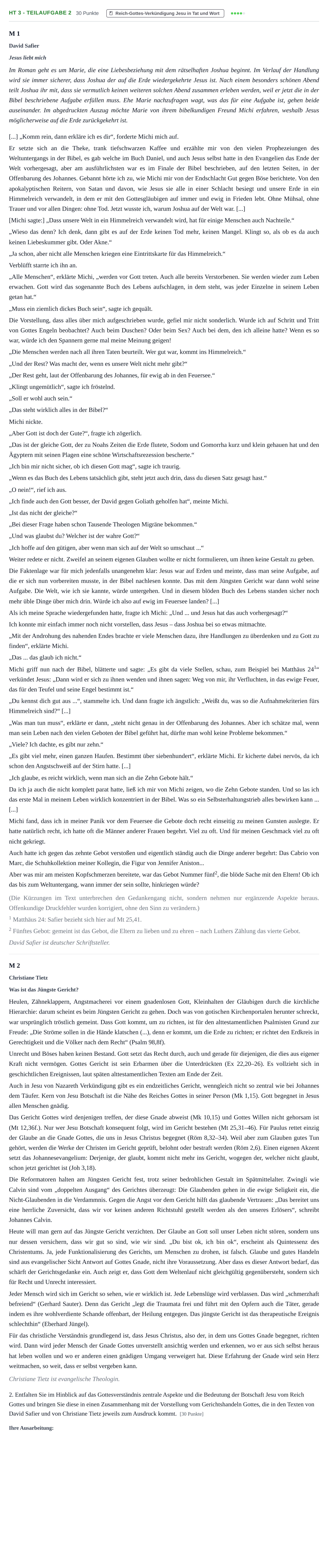 Aufgabenstellung: Aufgabe HT 3 - Teilaufgabe 2 · Abitur NRW Evangelische Religion LK · Haupttermin 2022