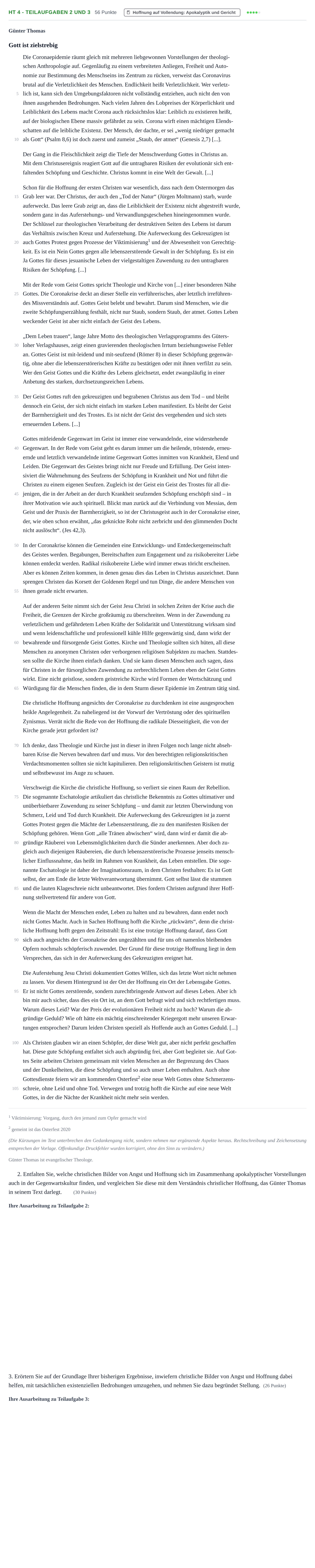 Aufgabenstellung: Aufgabe HT 4 - Teilaufgaben 2 und 3 · Abitur NRW Evangelische Religion LK · Haupttermin 2022