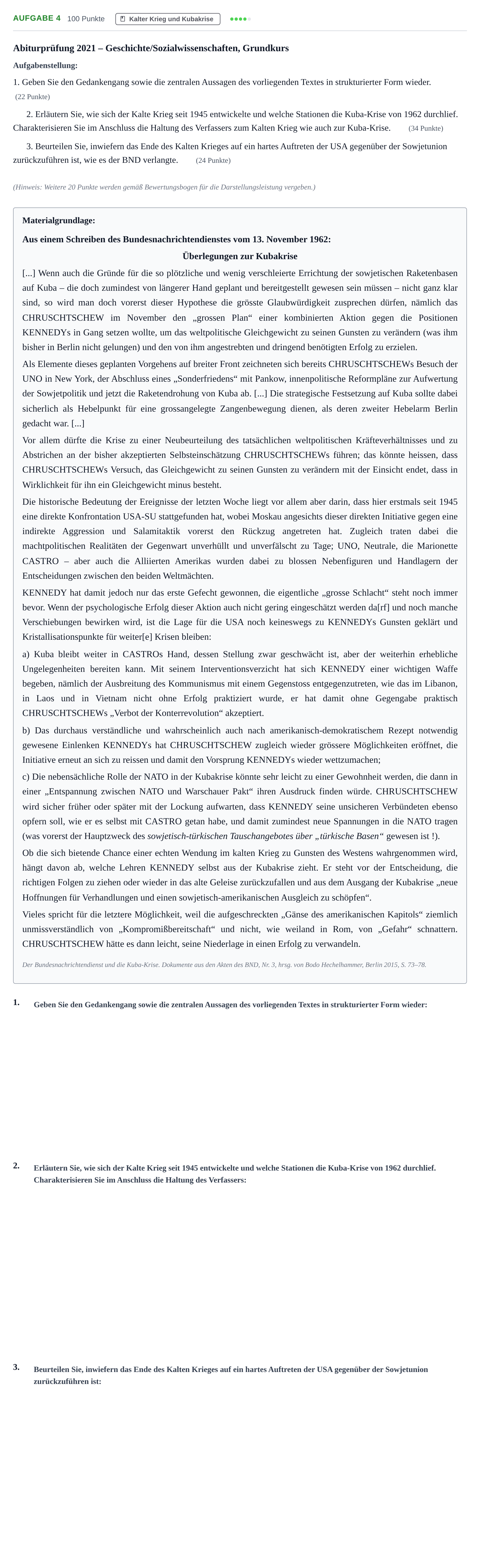Aufgabenstellung: Aufgabe 4 · Abitur NRW Geschichte-Sozialwissenschaften GK · Haupttermin · Weiterbildungskolleg 2021