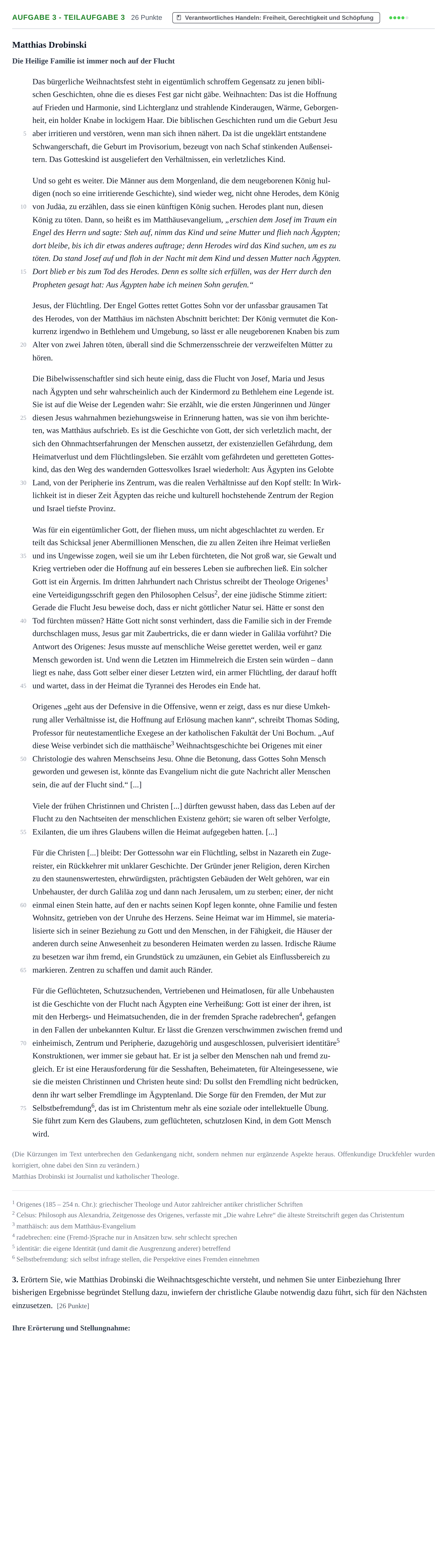 Aufgabenstellung: Aufgabe 3 - Teilaufgabe 3 · Abitur NRW Evangelische Religion GK · Haupttermin 2023