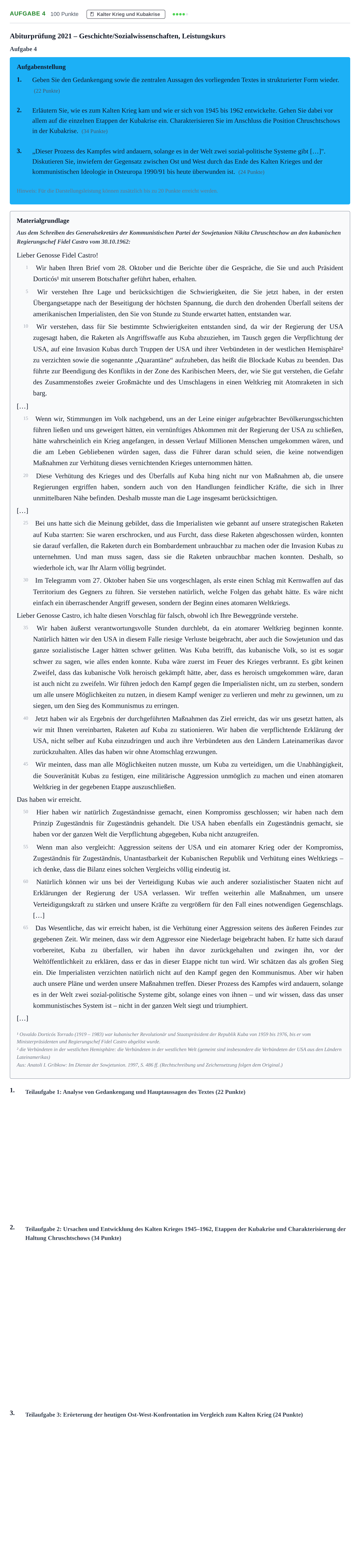 Aufgabenstellung: Aufgabe 4 · Abitur NRW Geschichte-Sozialwissenschaften LK · Haupttermin · Weiterbildungskolleg 2021