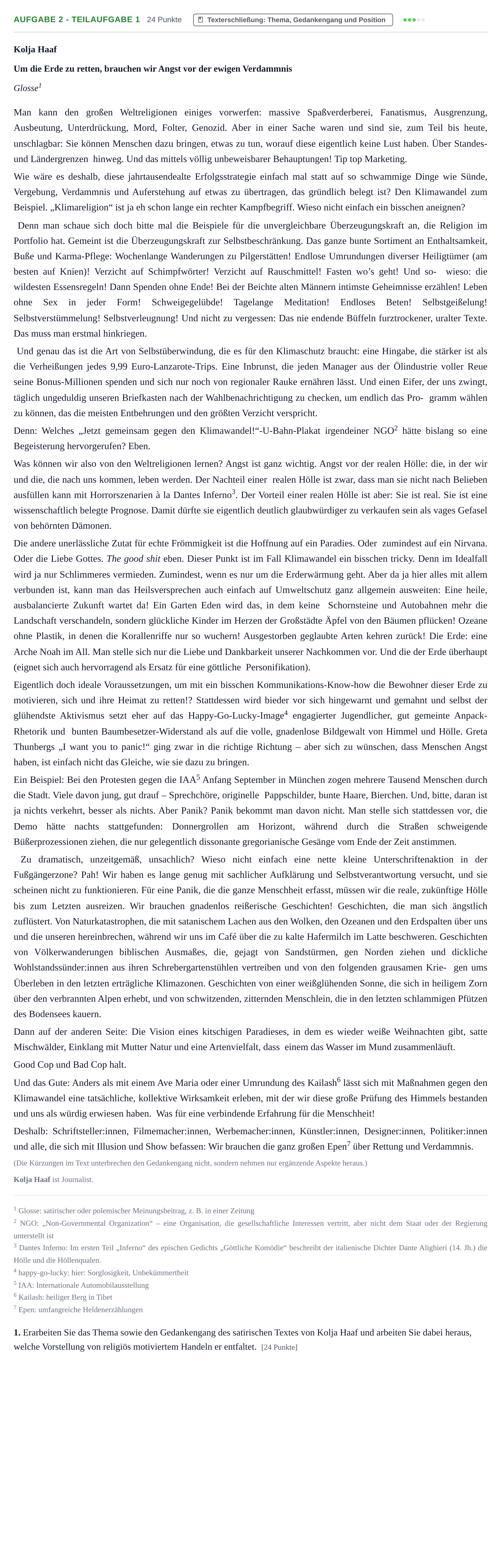 Aufgabenstellung: Aufgabe 2 - Teilaufgabe 1 · Abitur NRW Evangelische Religion GK · Haupttermin · Weiterbildungskolleg 2023