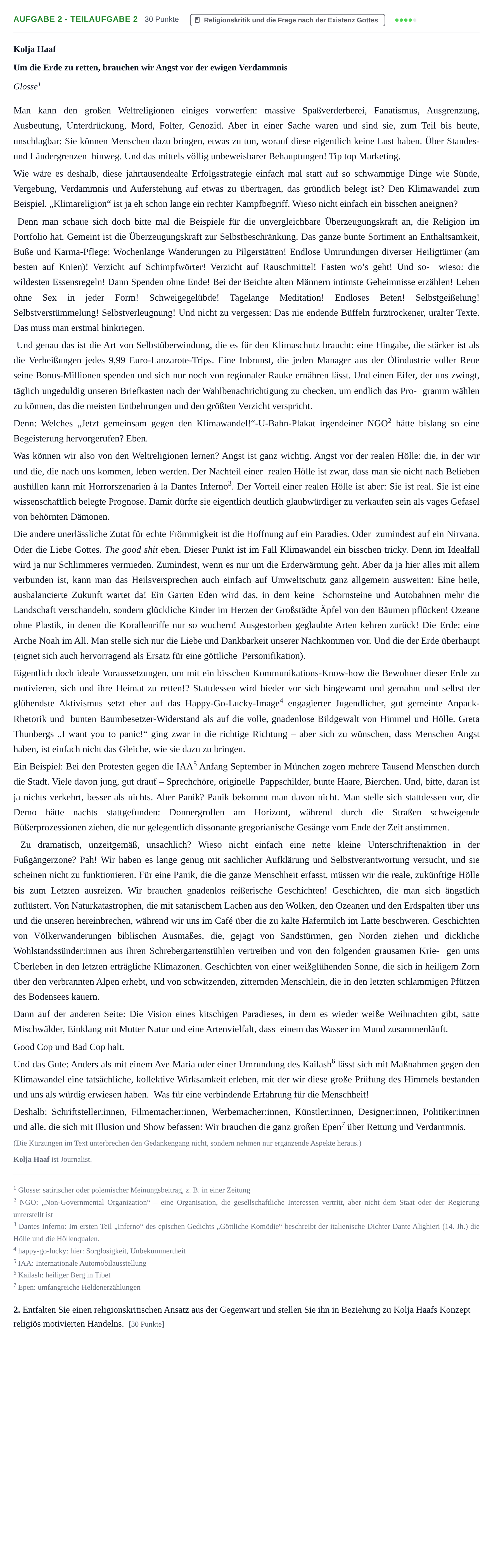 Aufgabenstellung: Aufgabe 2 - Teilaufgabe 2 · Abitur NRW Evangelische Religion GK · Haupttermin · Weiterbildungskolleg 2023