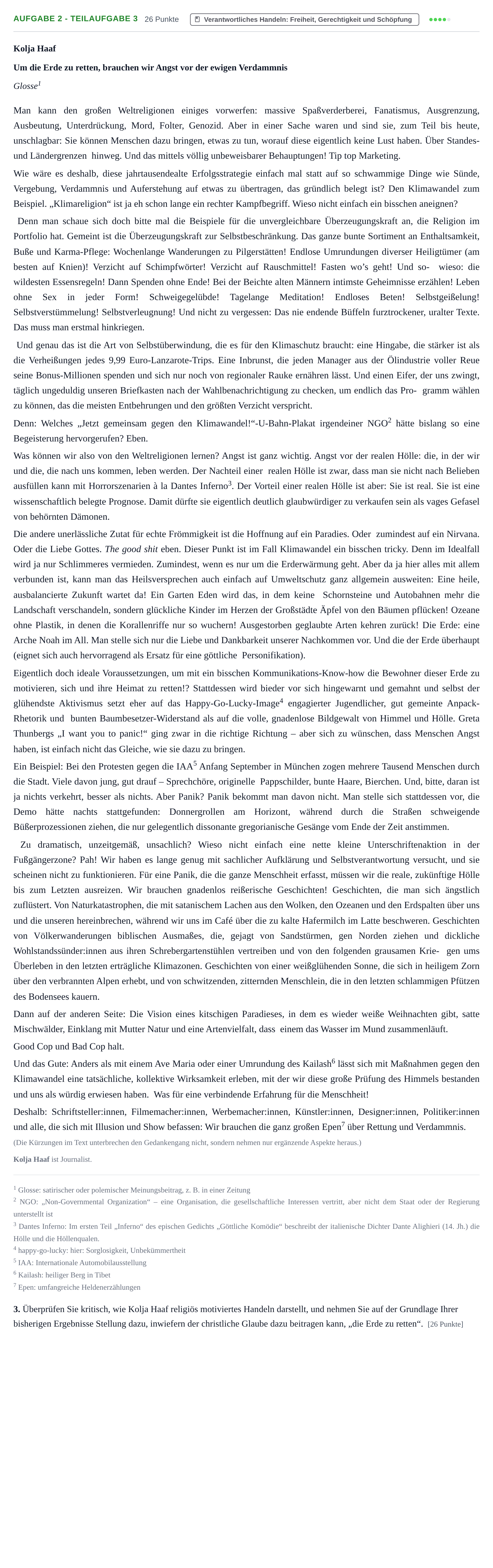 Aufgabenstellung: Aufgabe 2 - Teilaufgabe 3 · Abitur NRW Evangelische Religion GK · Haupttermin · Weiterbildungskolleg 2023