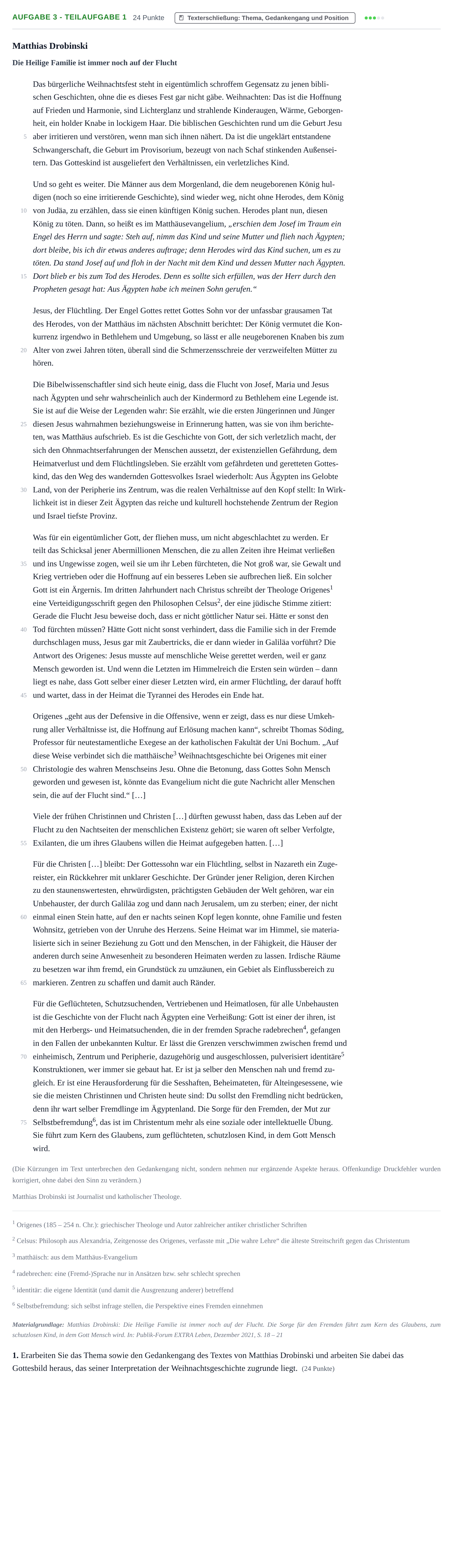 Aufgabenstellung: Aufgabe 3 - Teilaufgabe 1 · Abitur NRW Evangelische Religion GK · Haupttermin · Weiterbildungskolleg 2023
