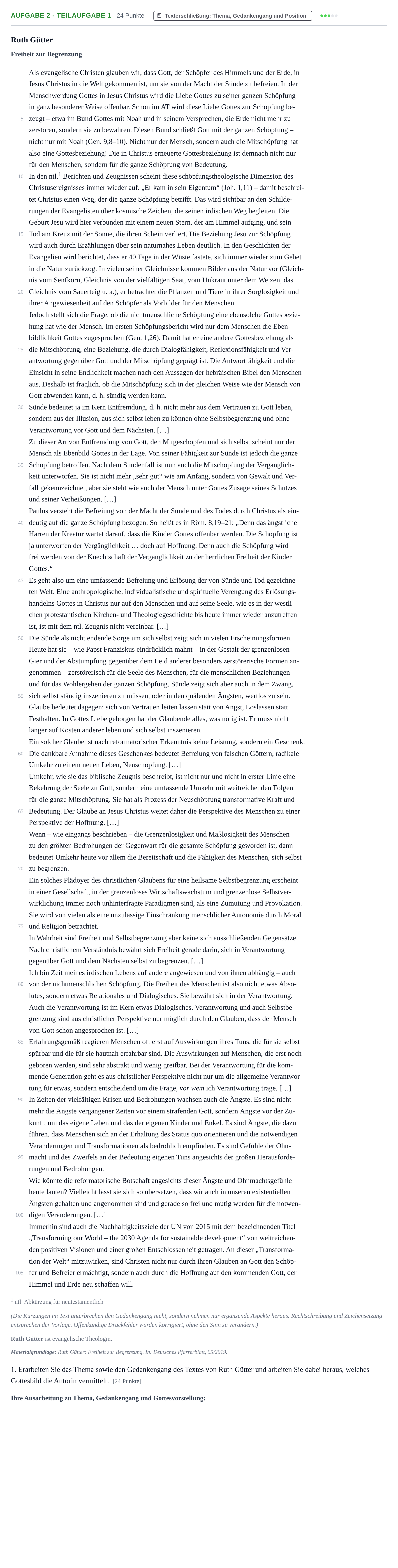 Aufgabenstellung: Aufgabe 2 - Teilaufgabe 1 · Abitur NRW Evangelische Religion LK · Haupttermin 2023