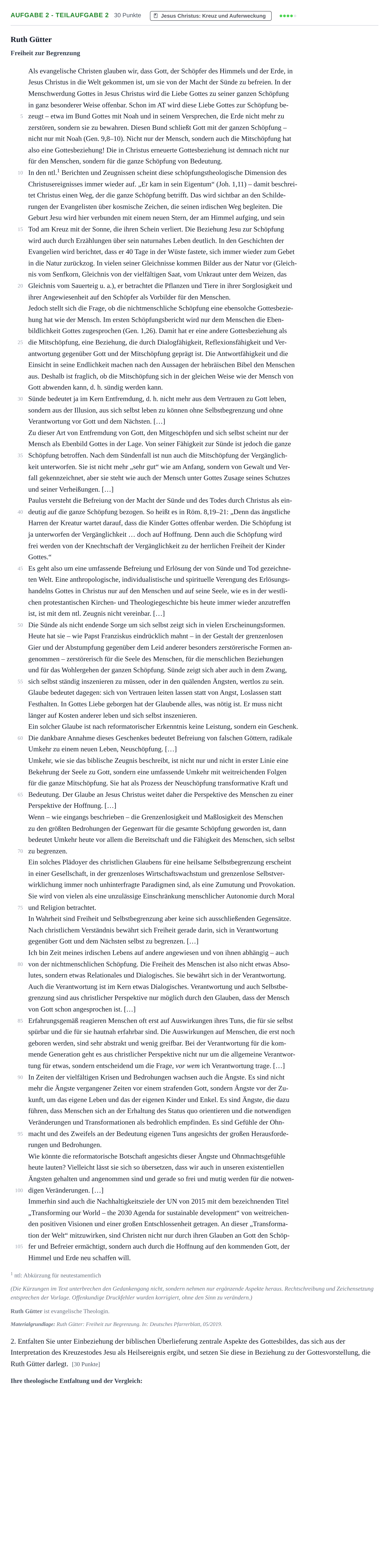 Aufgabenstellung: Aufgabe 2 - Teilaufgabe 2 · Abitur NRW Evangelische Religion LK · Haupttermin 2023