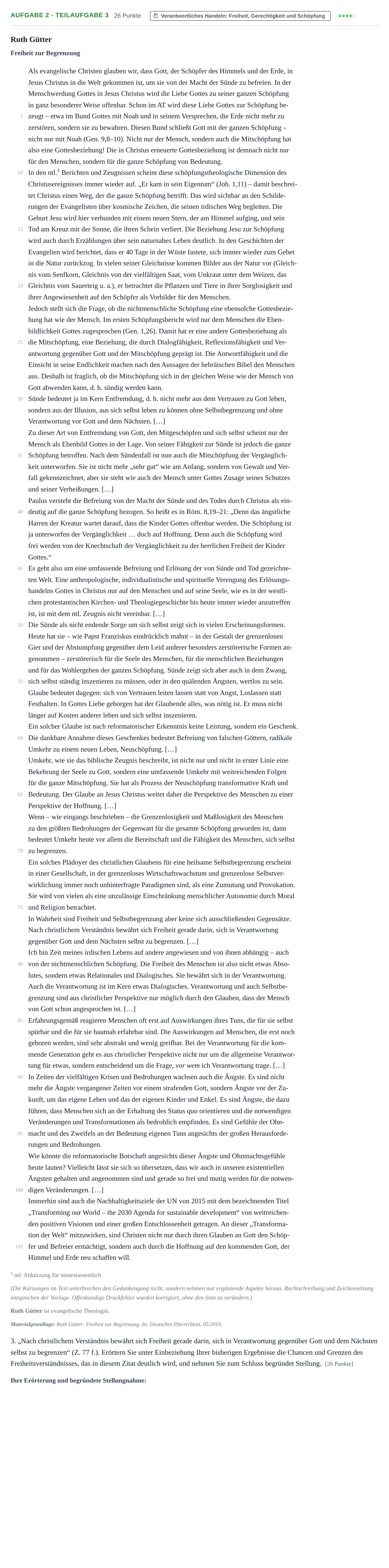 Aufgabenstellung: Aufgabe 2 - Teilaufgabe 3 · Abitur NRW Evangelische Religion LK · Haupttermin 2023