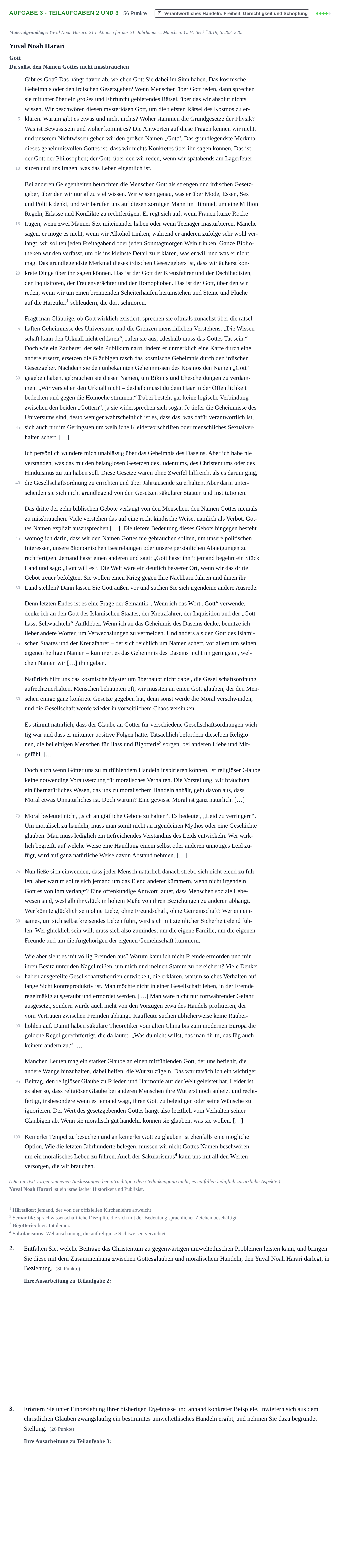 Aufgabenstellung: Aufgabe 3 - Teilaufgaben 2 und 3 · Abitur NRW Evangelische Religion LK · Haupttermin 2023