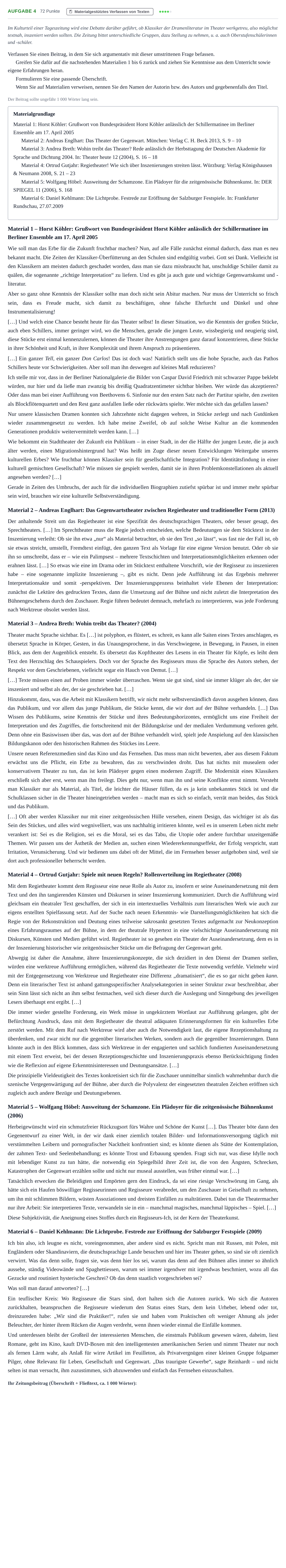 Aufgabenstellung: Aufgabe 4 · Abitur NRW Deutsch GK · Haupttermin · Weiterbildungskolleg 2023
