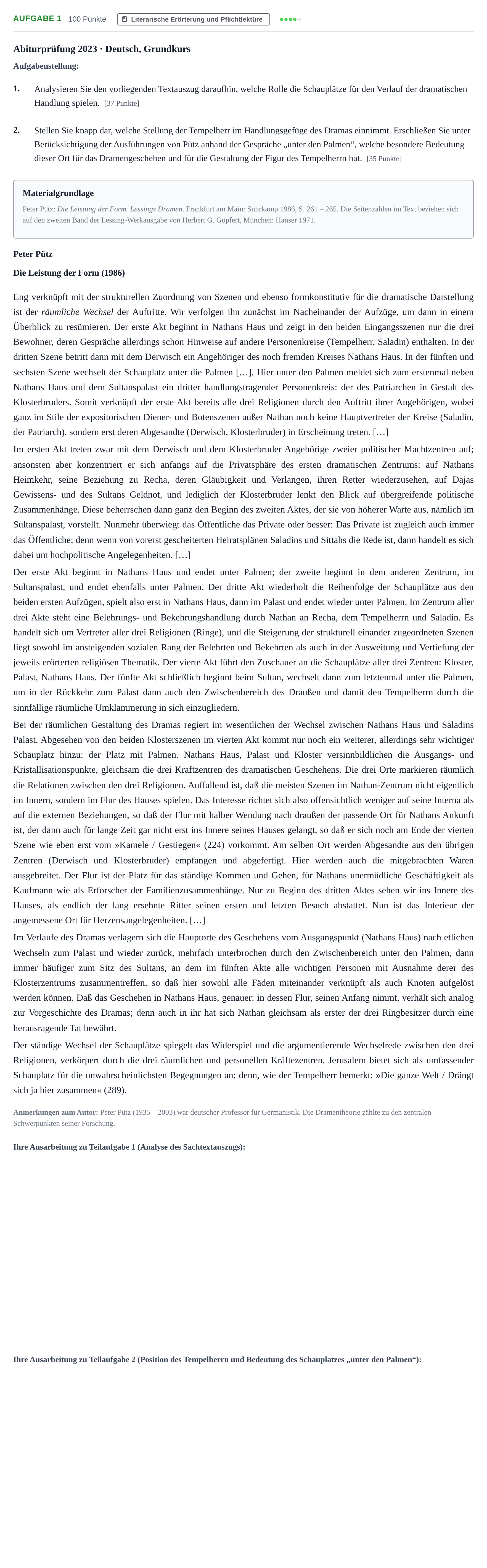Aufgabenstellung: Aufgabe 1 · Abitur NRW Deutsch GK · Nachtermin 2023