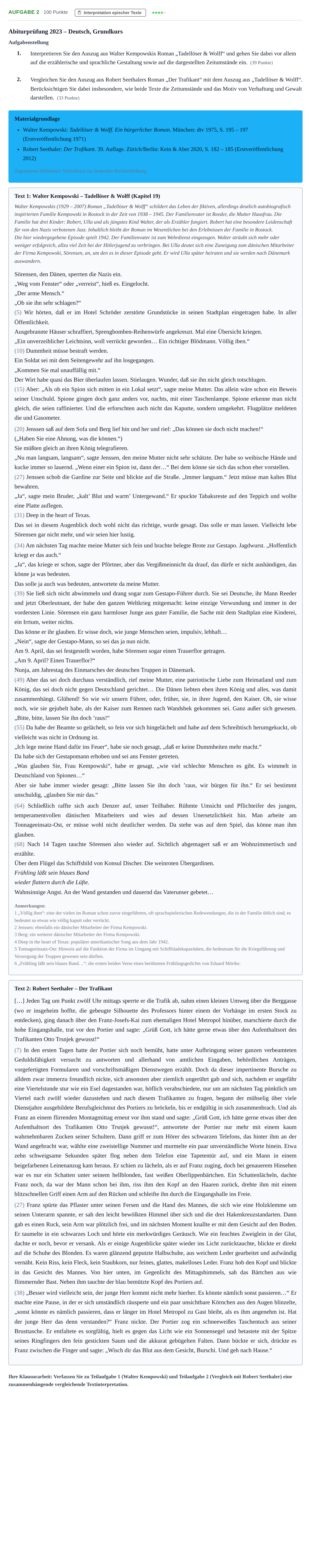 Aufgabenstellung: Aufgabe 2 · Abitur NRW Deutsch GK · Nachtermin · Weiterbildungskolleg 2023