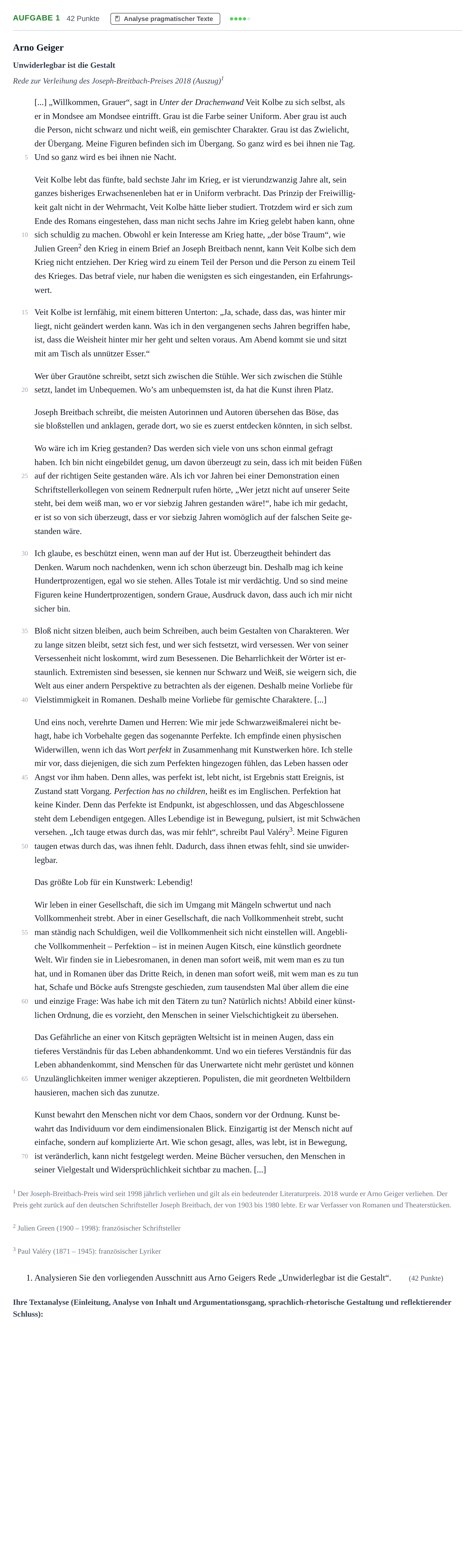 Aufgabenstellung: Aufgabe 1 - Analyse pragmatischer Texte · Abitur NRW Deutsch LK · Haupttermin · Weiterbildungskolleg 2023
