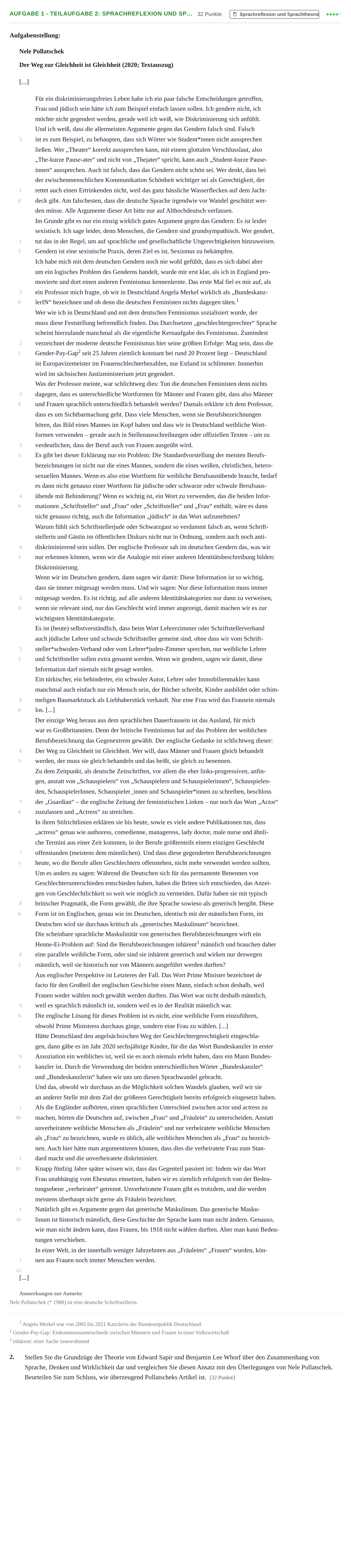 Aufgabenstellung: Aufgabe 1 - Teilaufgabe 2: Sprachreflexion und Sp… · Abitur NRW Deutsch LK · Nachtermin 2023