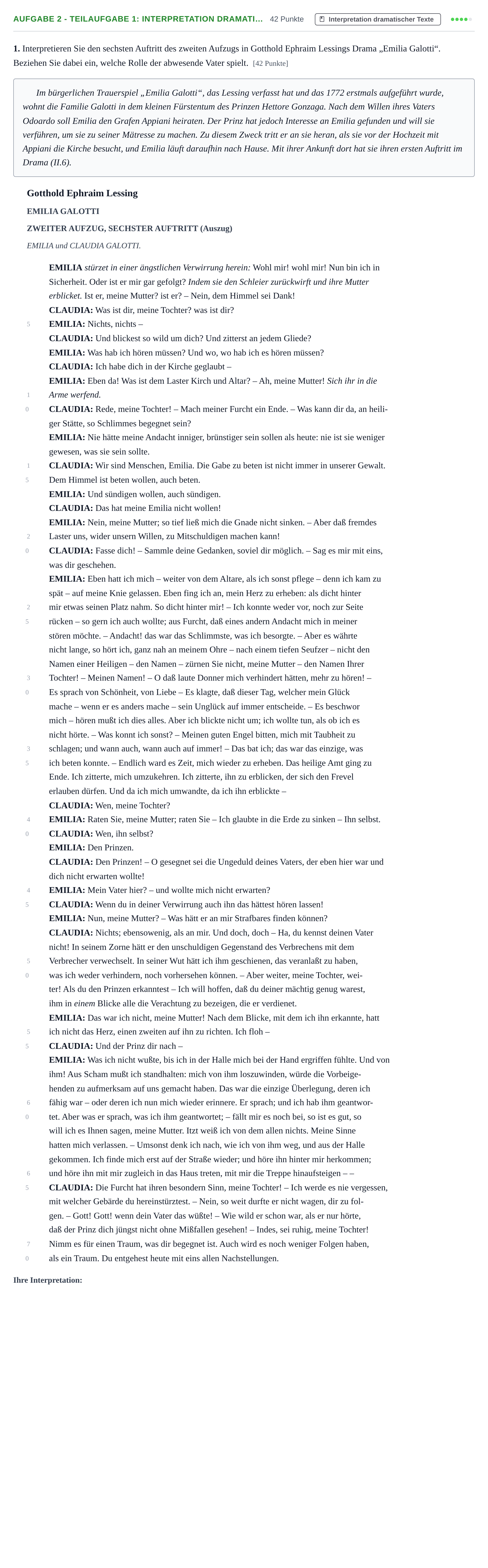 Aufgabenstellung: Aufgabe 2 - Teilaufgabe 1: Interpretation dramati… · Abitur NRW Deutsch LK · Nachtermin 2023