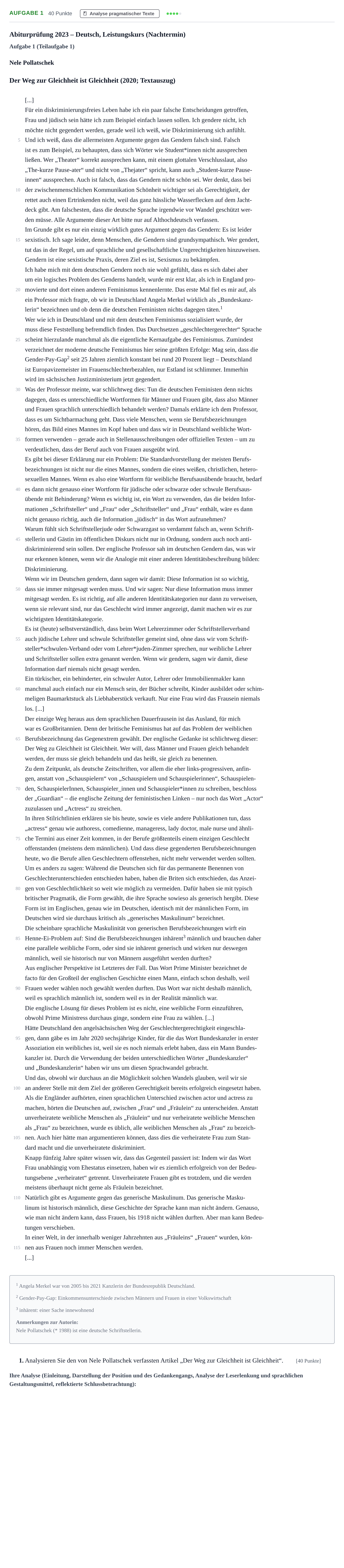 Aufgabenstellung: Aufgabe 1 - Analyse pragmatischer Texte · Abitur NRW Deutsch LK · Nachtermin · Weiterbildungskolleg 2023