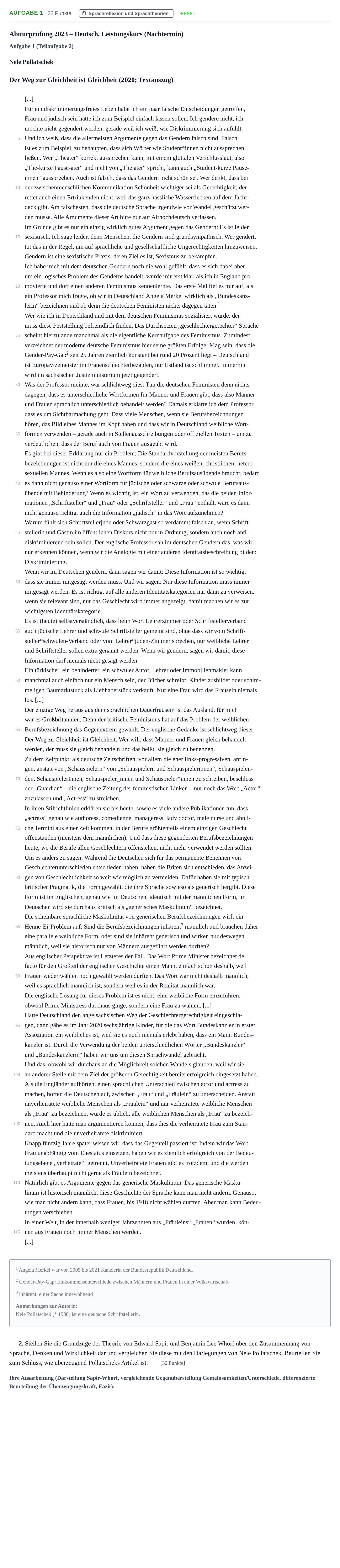Aufgabenstellung: Aufgabe 1 - Sprachreflexion und Sprachtheorien · Abitur NRW Deutsch LK · Nachtermin · Weiterbildungskolleg 2023