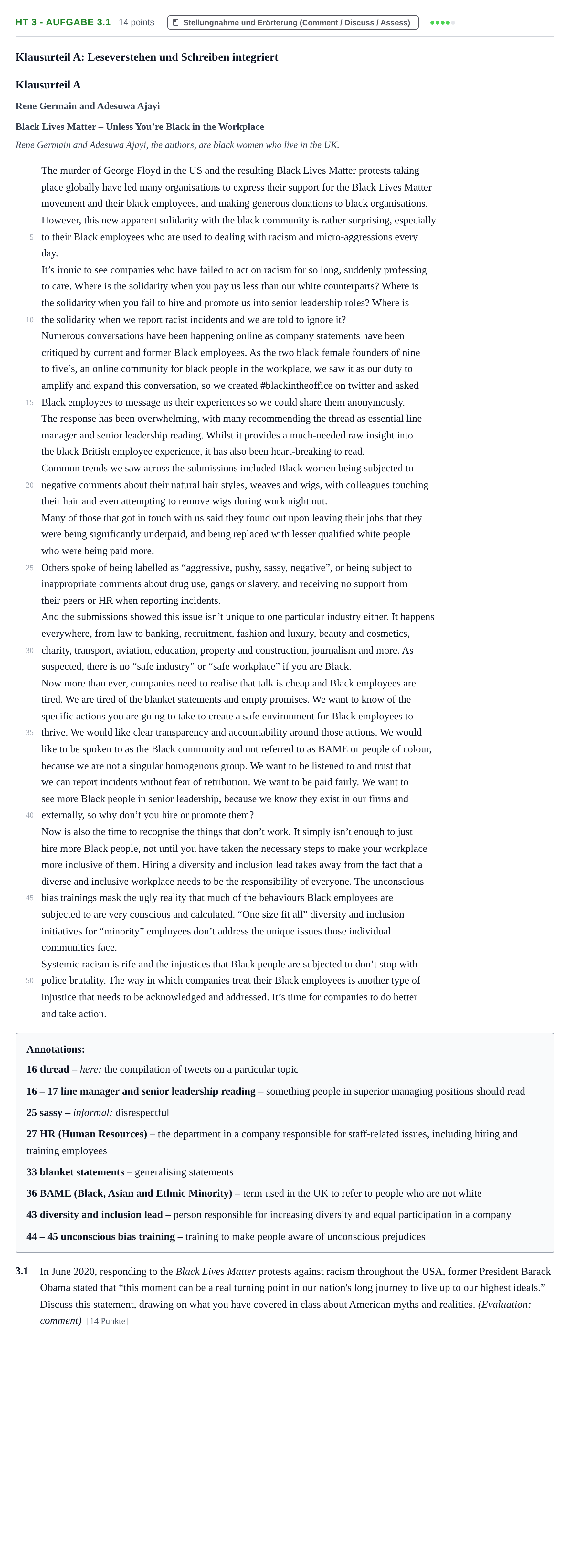 Aufgabenstellung: Aufgabe HT 3 - Aufgabe 3.1 · Abitur NRW Englisch GK · Haupttermin 2021