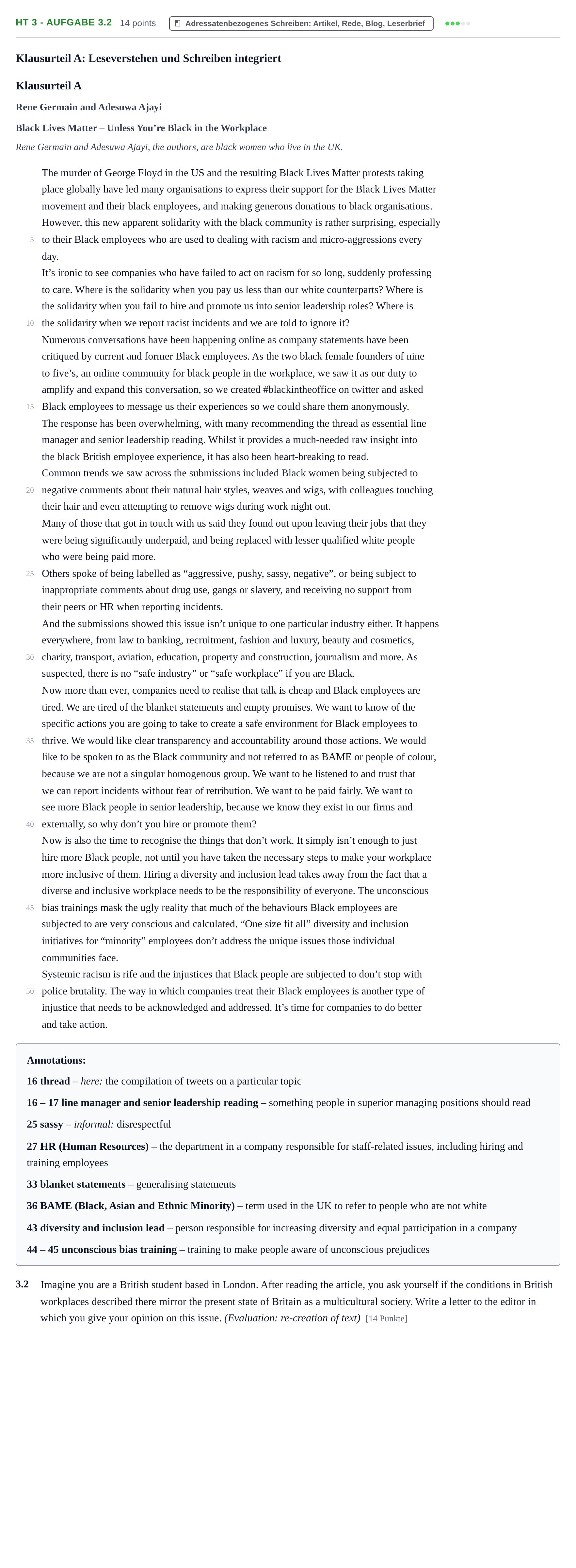 Aufgabenstellung: Aufgabe HT 3 - Aufgabe 3.2 · Abitur NRW Englisch GK · Haupttermin 2021