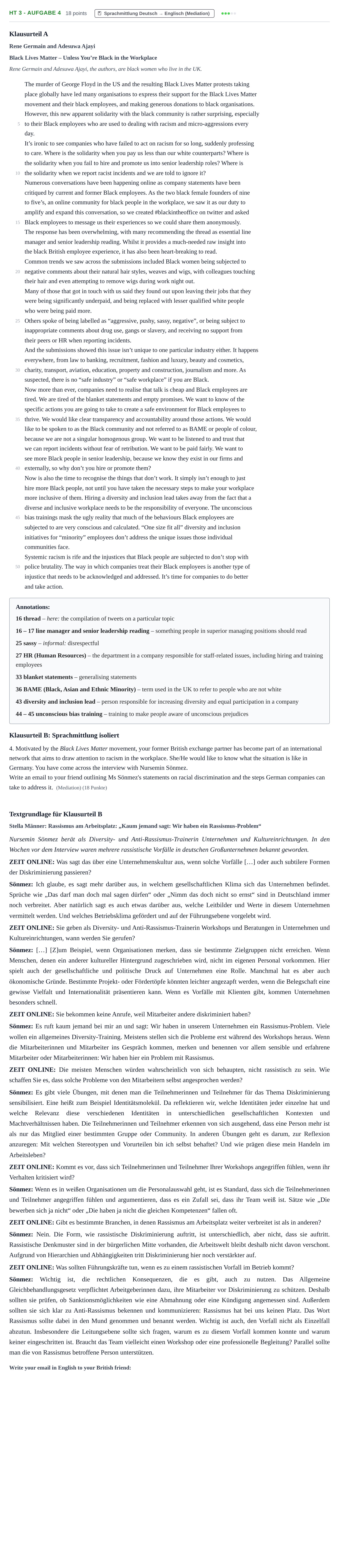 Aufgabenstellung: Aufgabe HT 3 - Aufgabe 4 · Abitur NRW Englisch GK · Haupttermin 2021