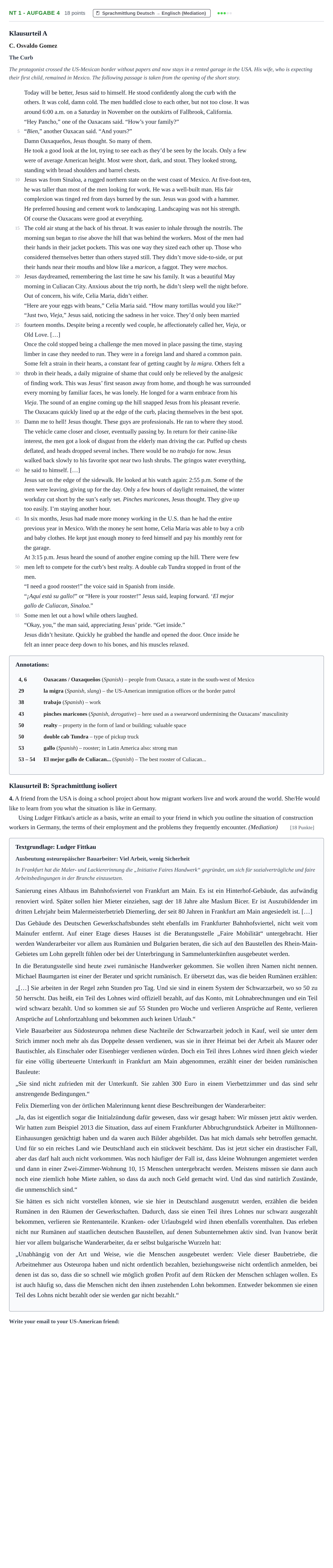 Aufgabenstellung: Aufgabe NT 1 - Aufgabe 4 · Abitur NRW Englisch GK · Nachtermin · Weiterbildungskolleg 2021