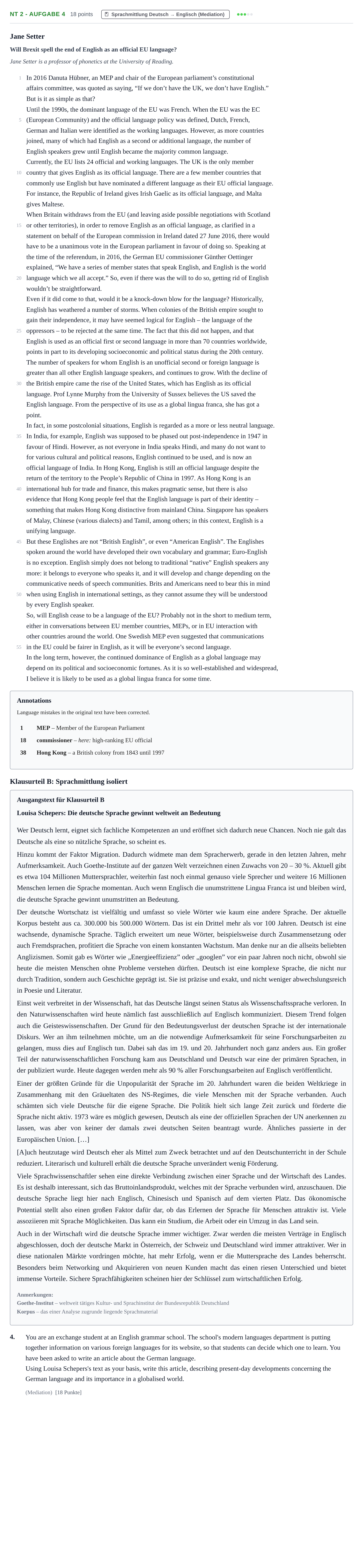 Aufgabenstellung: Aufgabe NT 2 - Aufgabe 4 · Abitur NRW Englisch GK · Nachtermin · Weiterbildungskolleg 2021