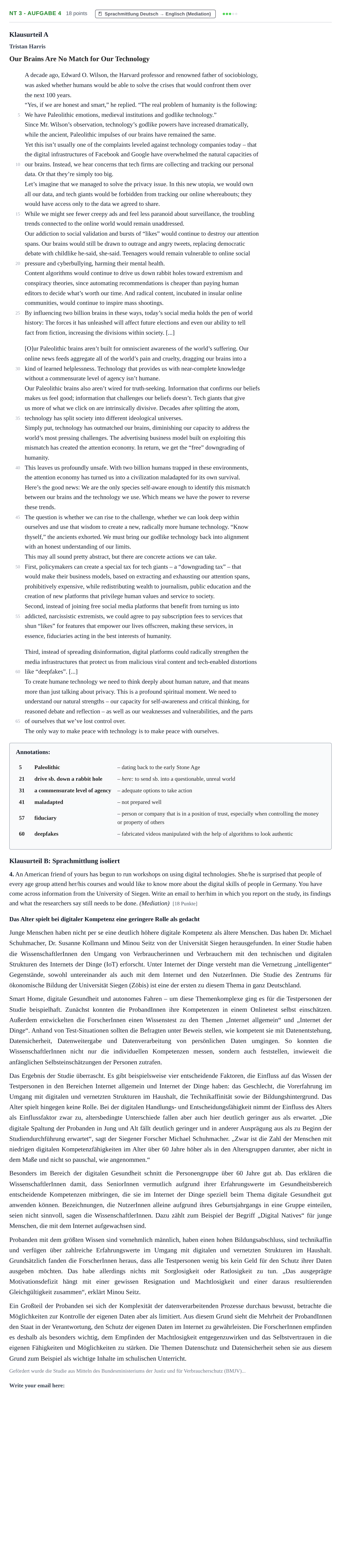 Aufgabenstellung: Aufgabe NT 3 - Aufgabe 4 · Abitur NRW Englisch GK · Nachtermin · Weiterbildungskolleg 2021