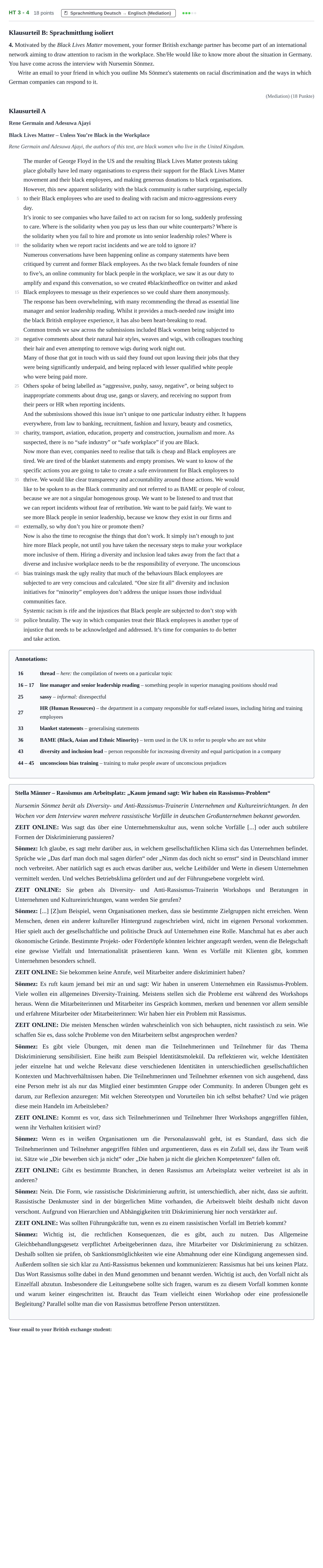 Aufgabenstellung: Aufgabe HT 3 - 4 · Abitur NRW Englisch GK · Haupttermin · Weiterbildungskolleg 2021