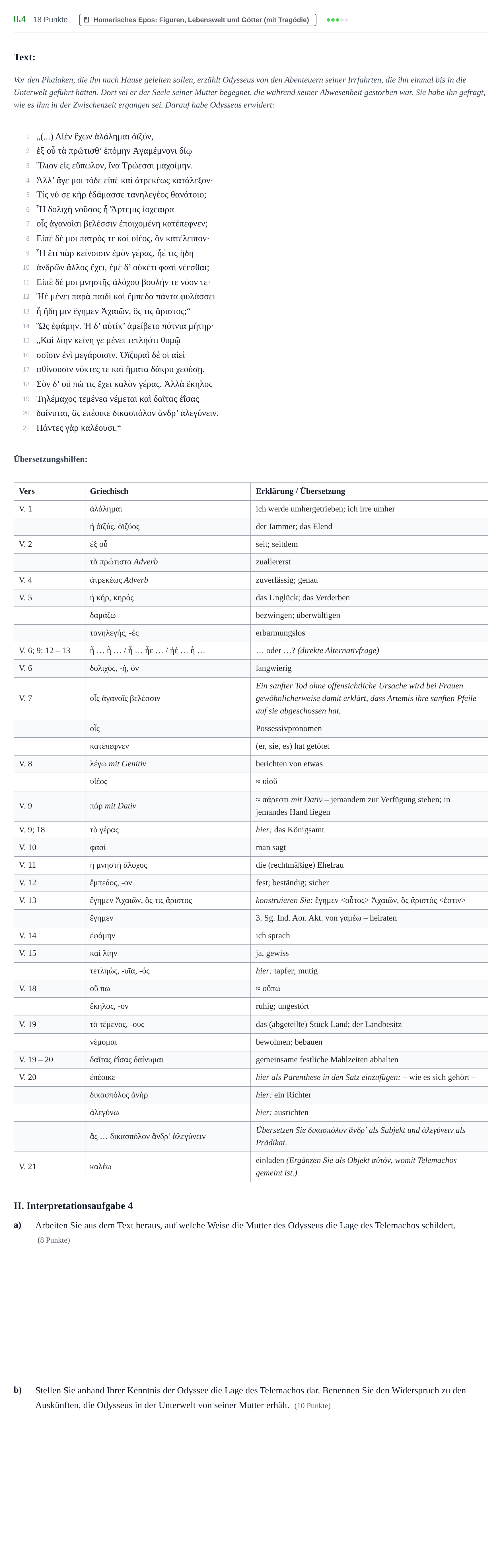 Aufgabenstellung: Aufgabe II.4 · Abitur NRW Griechisch GK · Haupttermin · neu einsetzend 2021