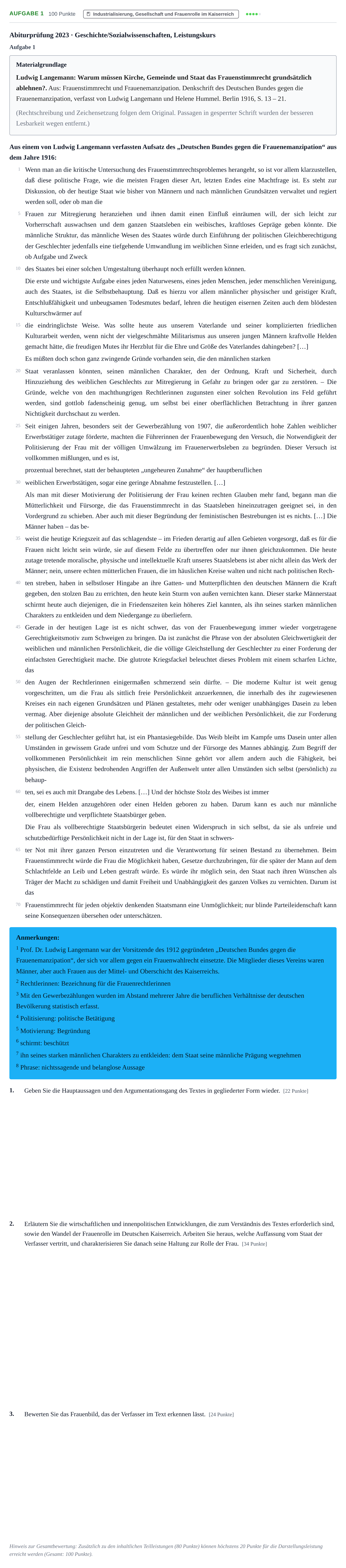Aufgabenstellung: Aufgabe 1 · Abitur NRW Geschichte-Sozialwissenschaften LK · Haupttermin · Weiterbildungskolleg 2023
