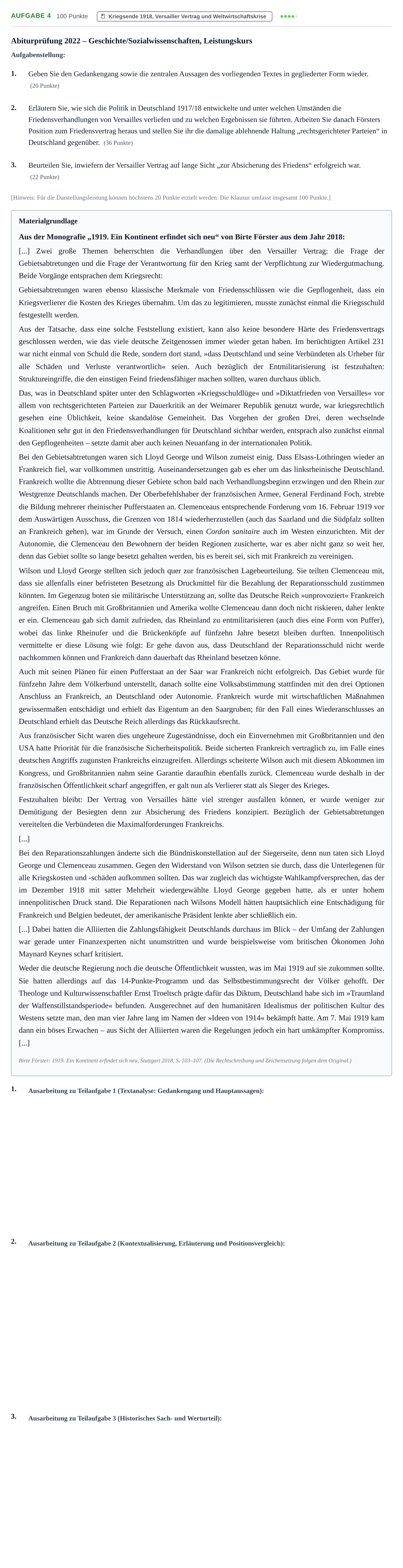Aufgabenstellung: Aufgabe 4 · Abitur NRW Geschichte-Sozialwissenschaften LK · Nachtermin · Weiterbildungskolleg 2022