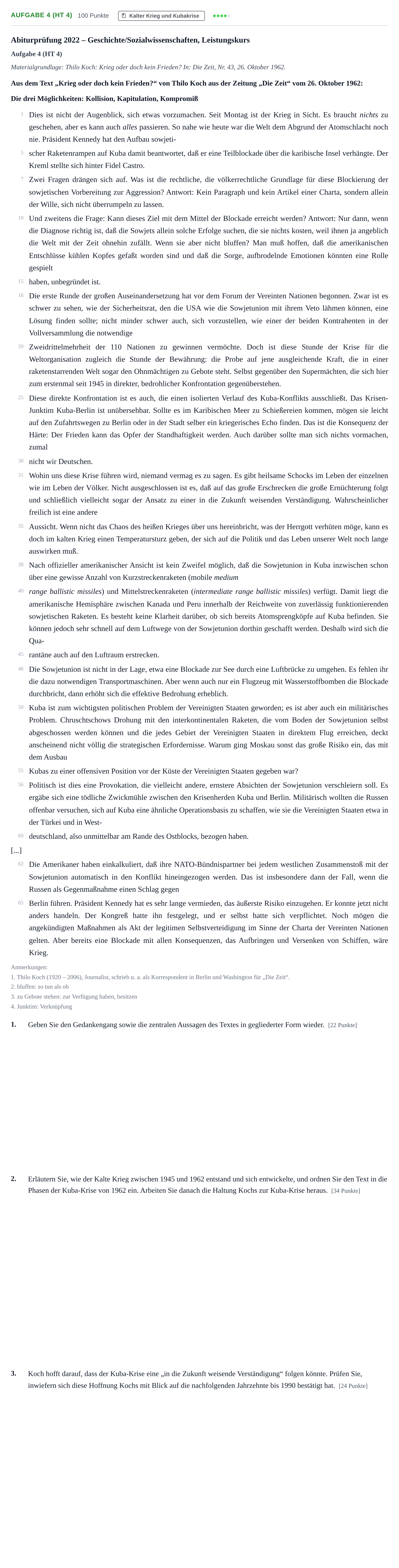 Aufgabenstellung: Aufgabe 4 (HT 4) · Abitur NRW Geschichte-Sozialwissenschaften LK · Haupttermin · Weiterbildungskolleg 2022