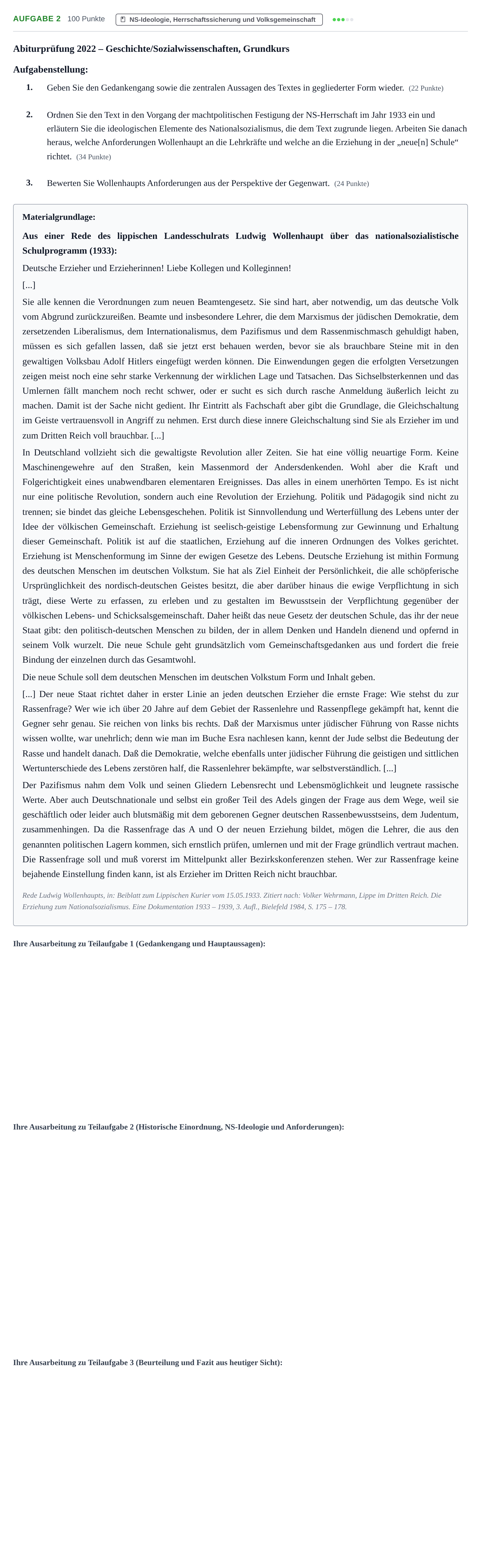 Aufgabenstellung: Aufgabe 2 · Abitur NRW Geschichte-Sozialwissenschaften GK · Haupttermin · Weiterbildungskolleg 2022
