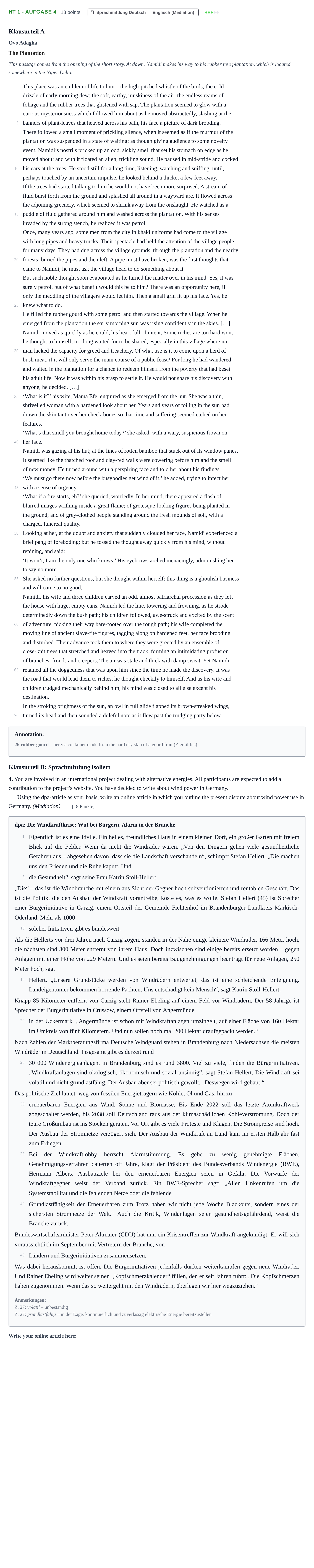 Aufgabenstellung: Aufgabe HT 1 - Aufgabe 4 · Abitur NRW Englisch LK · Haupttermin · Weiterbildungskolleg 2021