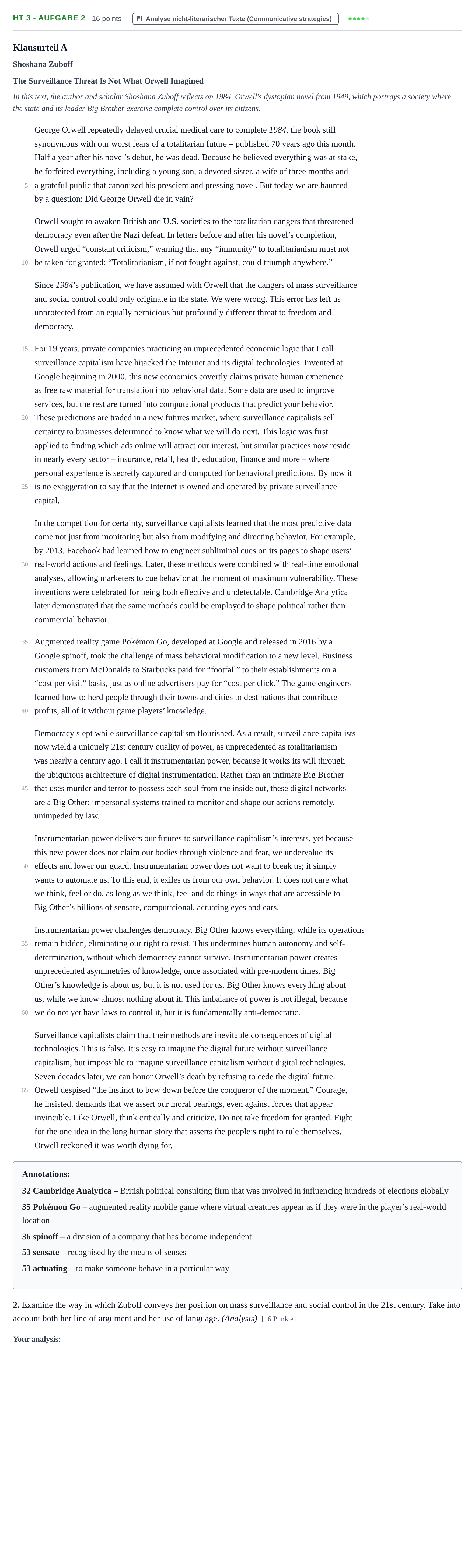 Aufgabenstellung: Aufgabe HT 3 - Aufgabe 2 · Abitur NRW Englisch LK · Haupttermin · Weiterbildungskolleg 2021