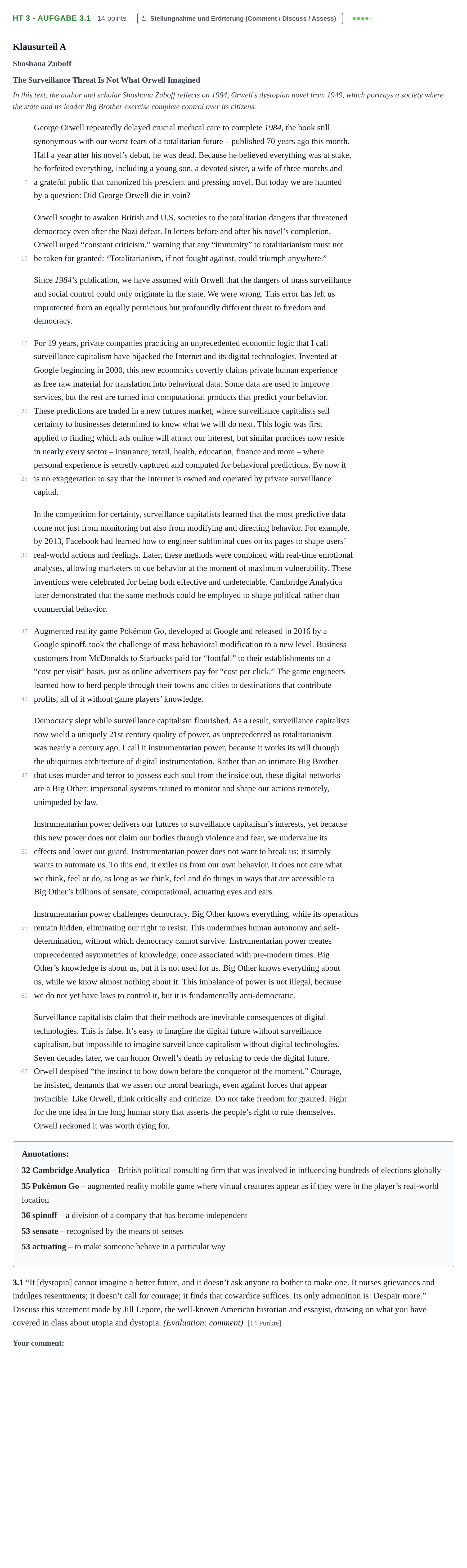 Aufgabenstellung: Aufgabe HT 3 - Aufgabe 3.1 · Abitur NRW Englisch LK · Haupttermin · Weiterbildungskolleg 2021