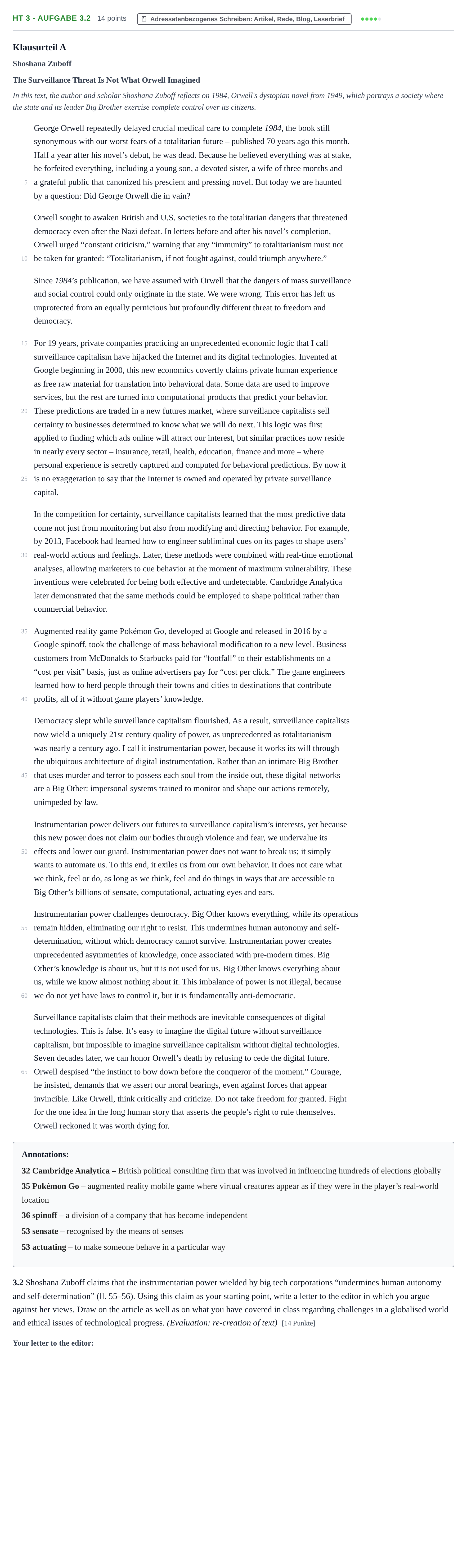Aufgabenstellung: Aufgabe HT 3 - Aufgabe 3.2 · Abitur NRW Englisch LK · Haupttermin · Weiterbildungskolleg 2021