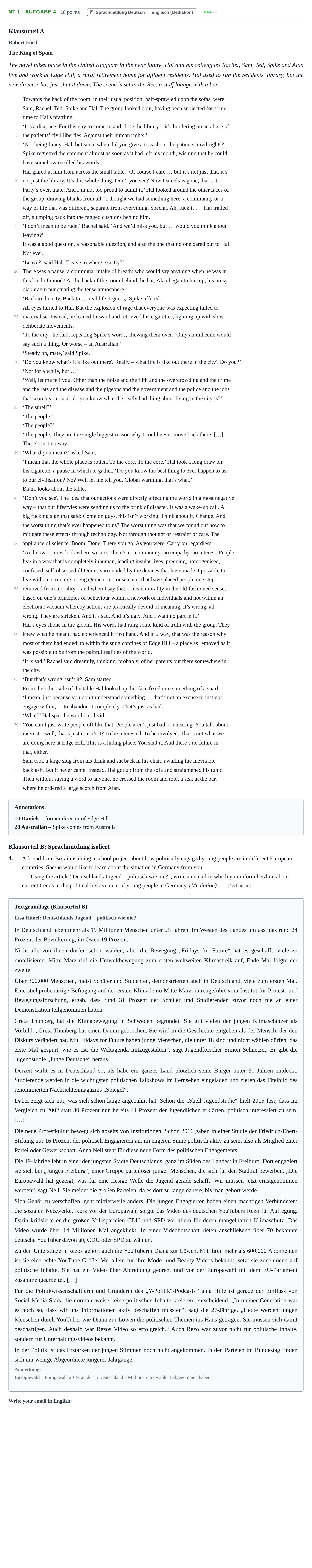 Aufgabenstellung: Aufgabe NT 1 - Aufgabe 4 · Abitur NRW Englisch LK · Nachtermin 2021