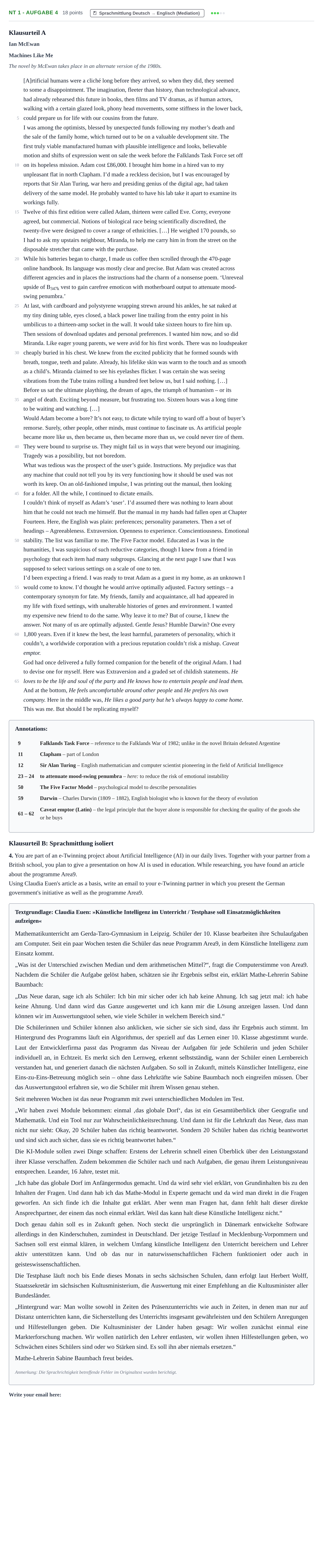 Aufgabenstellung: Aufgabe NT 1 - Aufgabe 4 · Abitur NRW Englisch LK · Nachtermin 2022