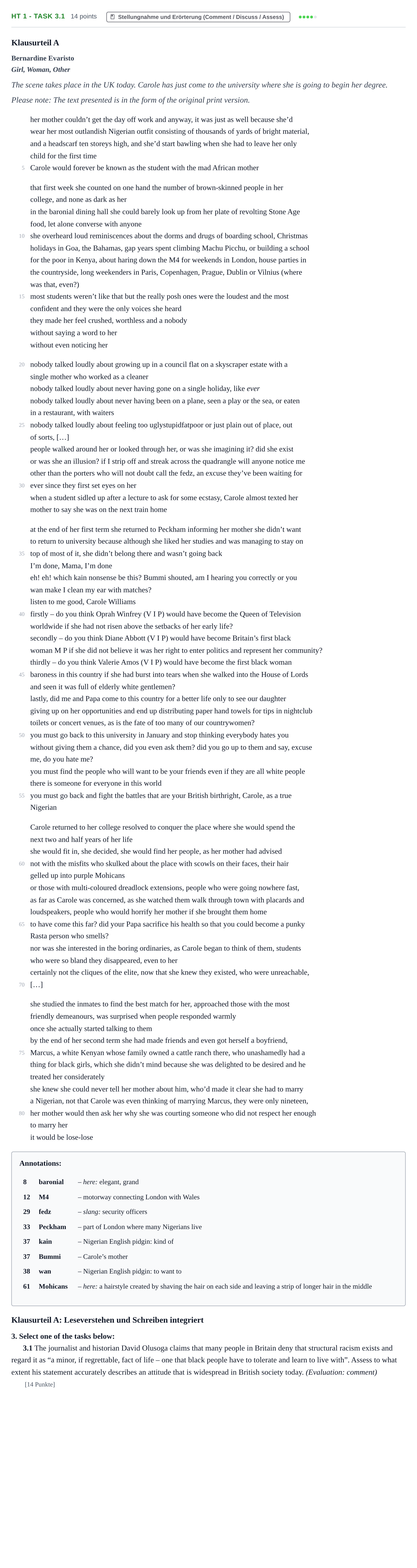Aufgabenstellung: Aufgabe HT 1 - Task 3.1 · Abitur NRW Englisch LK · Haupttermin 2022