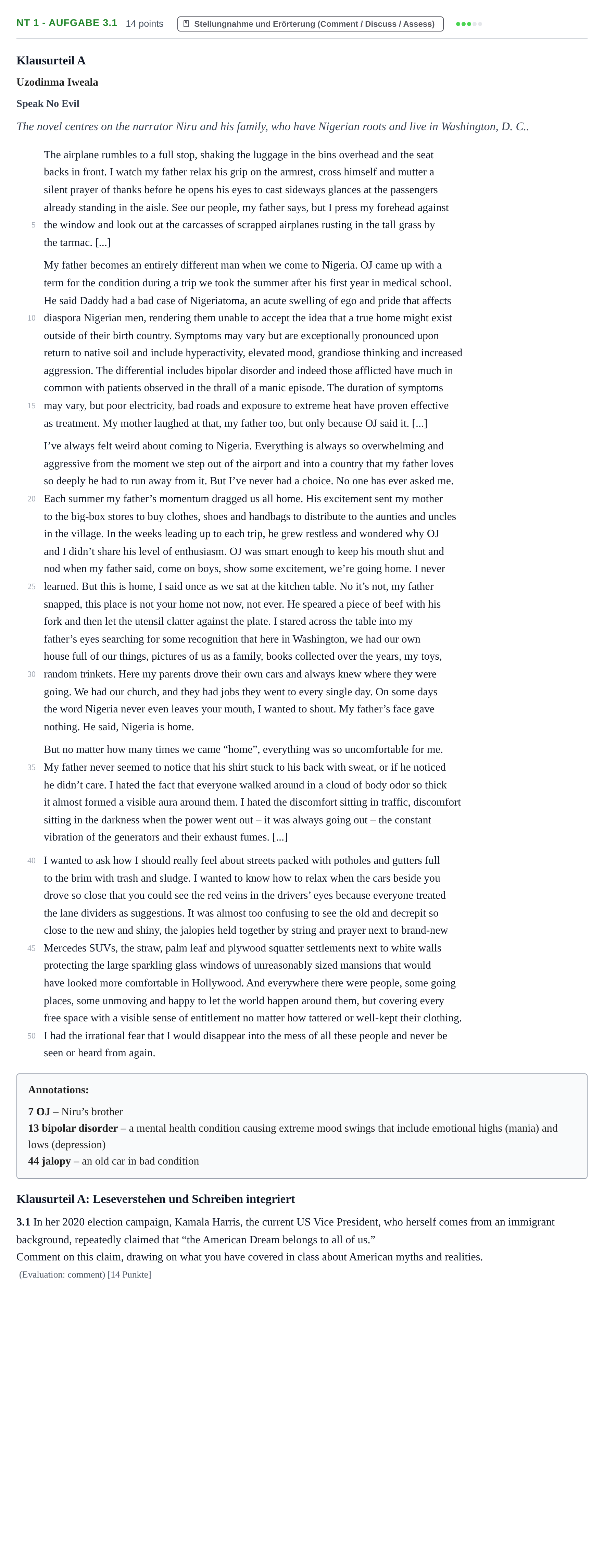 Aufgabenstellung: Aufgabe NT 1 - Aufgabe 3.1 · Abitur NRW Englisch GK · Nachtermin · Weiterbildungskolleg 2022
