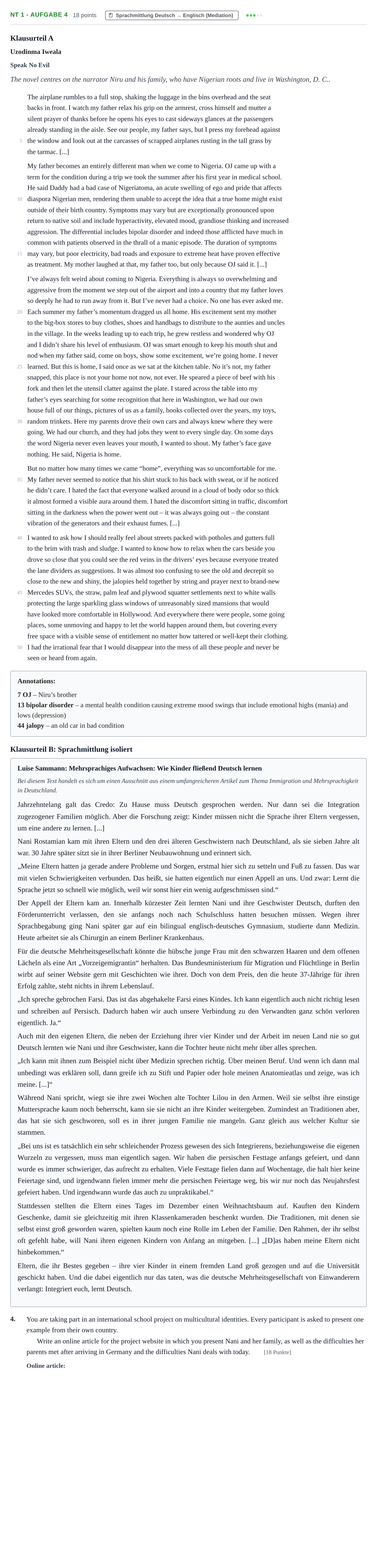 Aufgabenstellung: Aufgabe NT 1 - Aufgabe 4 · Abitur NRW Englisch GK · Nachtermin · Weiterbildungskolleg 2022