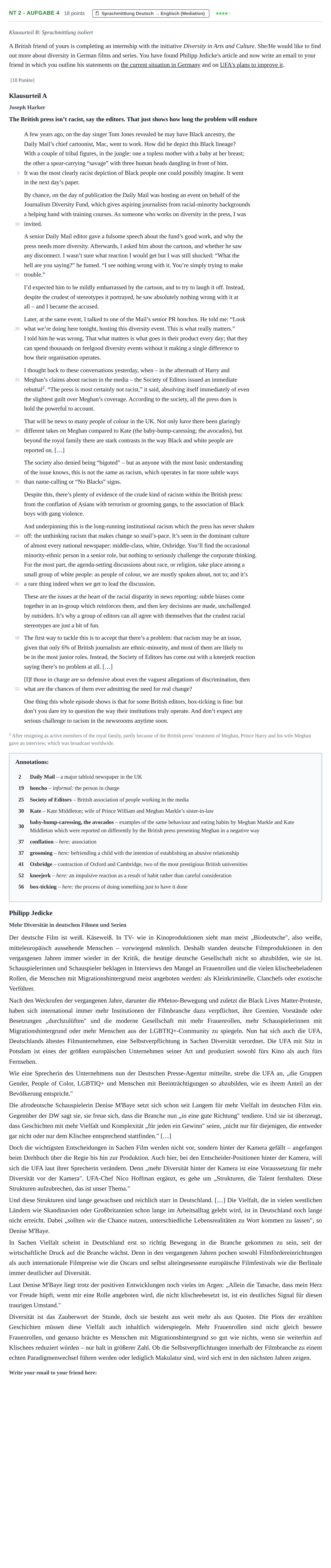 Aufgabenstellung: Aufgabe NT 2 - Aufgabe 4 · Abitur NRW Englisch GK · Nachtermin · Weiterbildungskolleg 2022