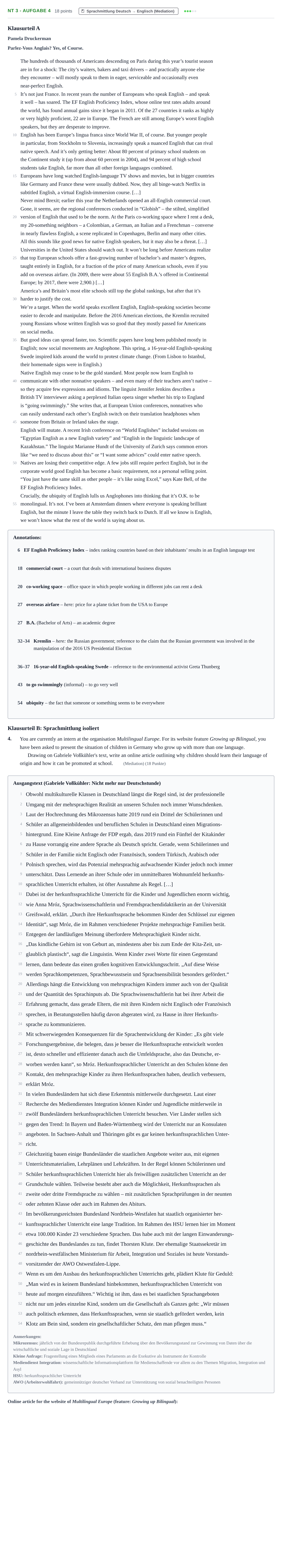 Aufgabenstellung: Aufgabe NT 3 - Aufgabe 4 · Abitur NRW Englisch GK · Nachtermin · Weiterbildungskolleg 2022