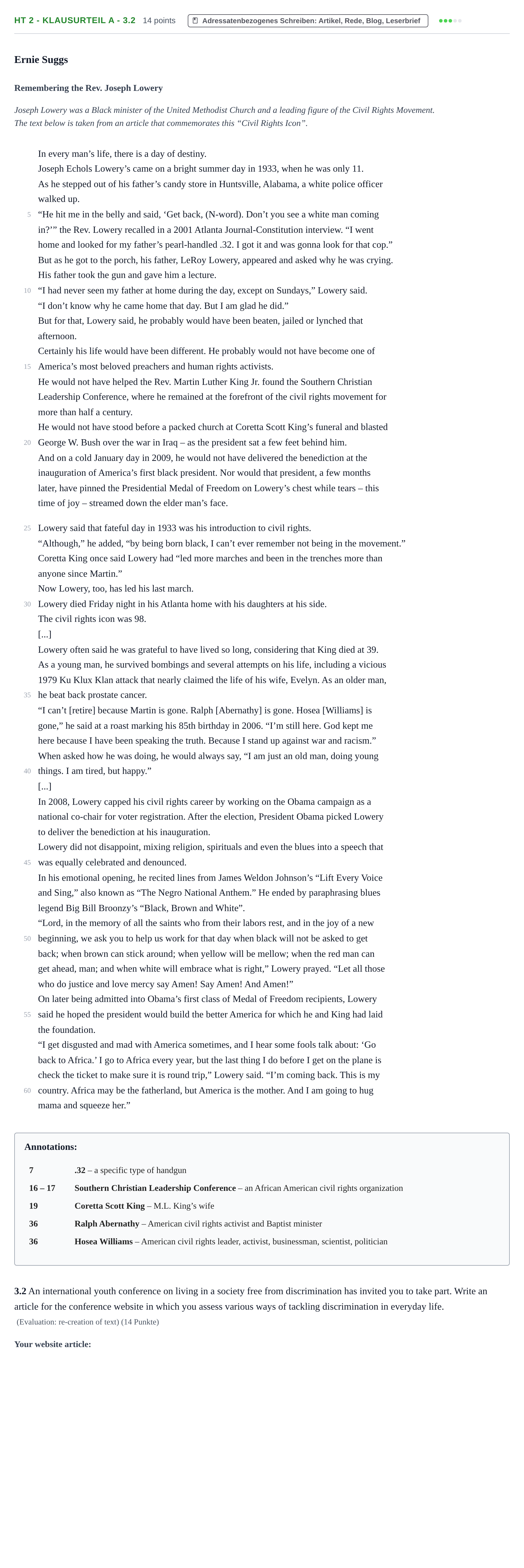 Aufgabenstellung: Aufgabe HT 2 - Klausurteil A - 3.2 · Abitur NRW Englisch GK · Haupttermin 2023