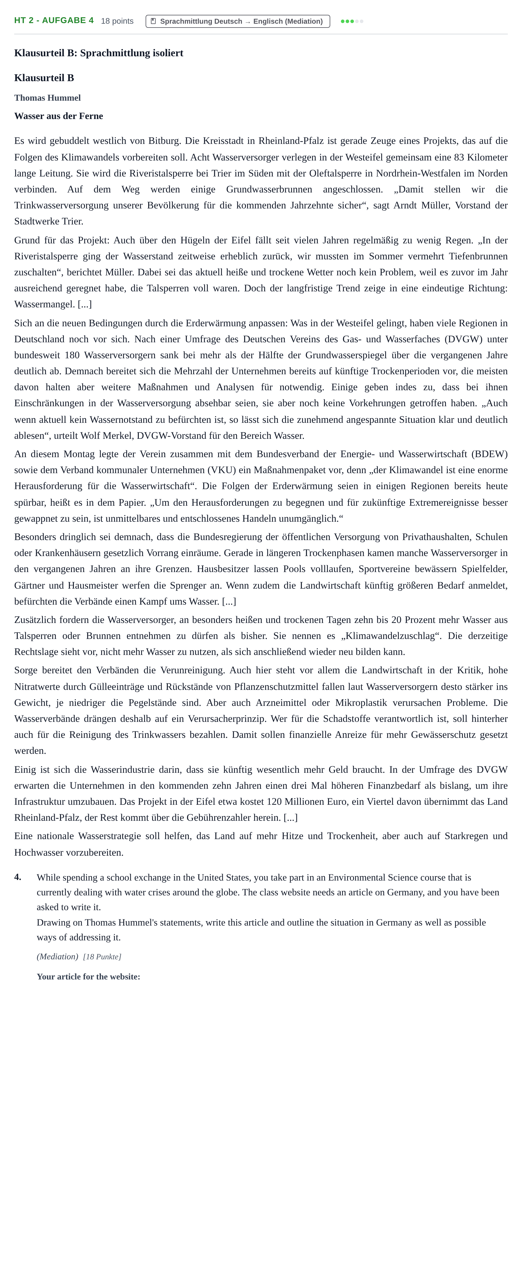 Aufgabenstellung: Aufgabe HT 2 - Aufgabe 4 · Abitur NRW Englisch LK · Haupttermin · Weiterbildungskolleg 2022